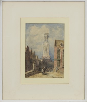 Lot 371 - THE TOWN HALL, BRUGES, A WATERCOLOUR ATTRIBUTED TO THOMAS SHOTTER BOYS