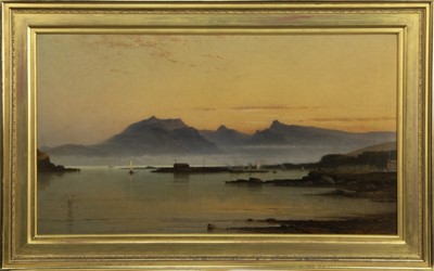 Lot 379 - A DREAM OF ARRAN, FROM KAMES BAY, AN OIL BY JAMES CASSIE