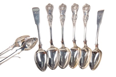 Lot 8 - THREE SETS OF SILVER SPOONS, TWO PAIRS OF TONGS AND A SPOON