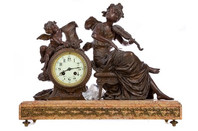 Lot 628 - A FRENCH SPELTER 'MELODIE' MANTEL CLOCK AFTER MOREAU