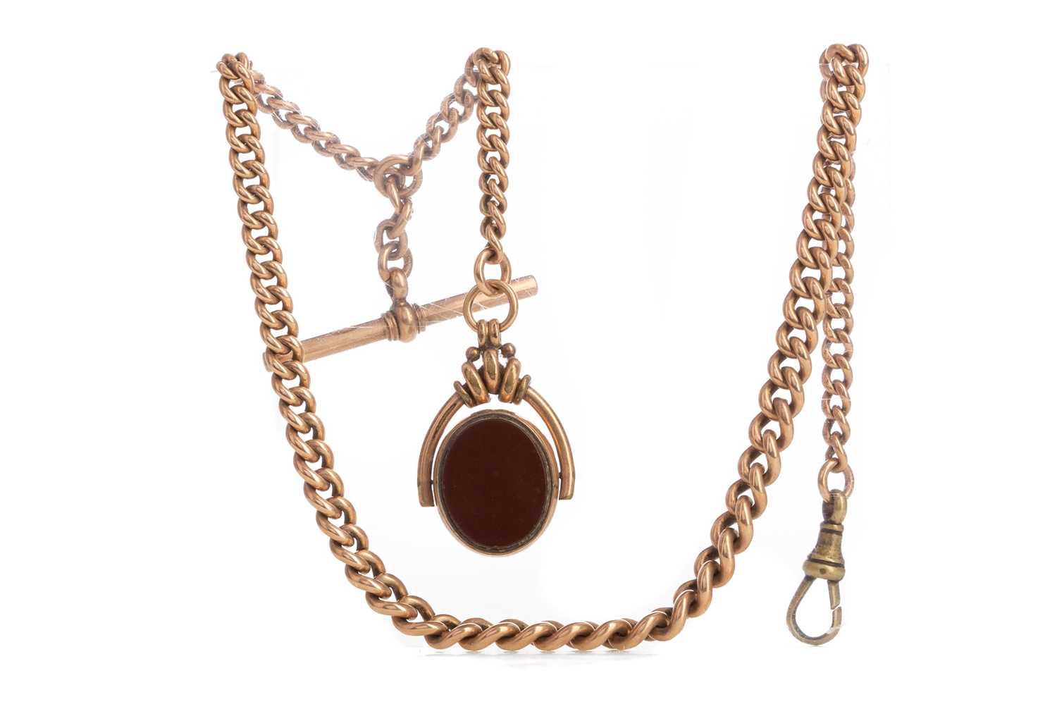 Lot 1184 - A ROSE GOLD ALBERT CHAIN WITH SWIVEL FOB