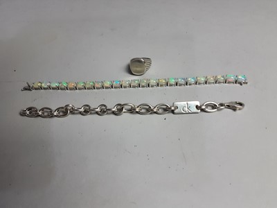 Lot 255 - A SILVER BRACELET BY CALVIN KLEIN, AN OPAL BRACELET AND A SPANISH SILVER SIGNET RING