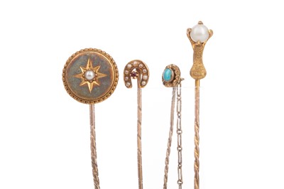 Lot 1190 - A PEARL AND DIAMOND BAR BROOCH ALONG WITH A COLLECTION OF STICK PINS