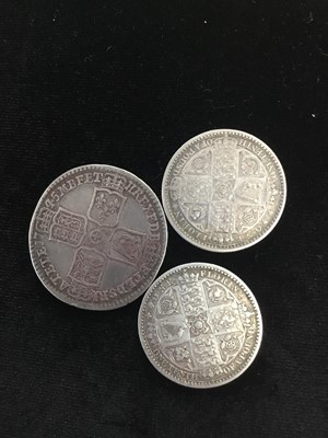 Lot 17 - TWO VICTORIAN GOTHIC FLORINS AND A GEORGE II HALF CROWN