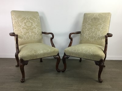 Lot 784 - A PAIR OF 20TH CENTURY MAHOGANY FRAMED SHEPHERD'S CROOK OPEN ELBOW CHAIRS