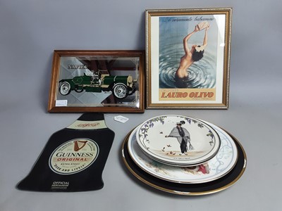 Lot 33 - A GUINNESS GLASS ADVERTISING PLAQUE, TWO PICTURES AND PLATES