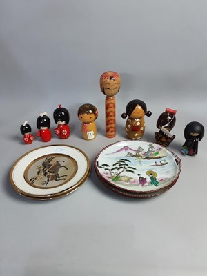 Lot 332 - EIGHT JAPANESE WOODEN DOLLS, ALONG WITH FOUR PLATES