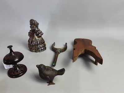 Lot 333 - TWO BOOT JACKS, A BELL, DOORSTOP AND A SPARROW FIGURE