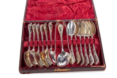 Lot 39 - A SET OF TWELVE VICTORIAN SILVER TEASPOONS WITH TONGS AND SUGAR SPOON