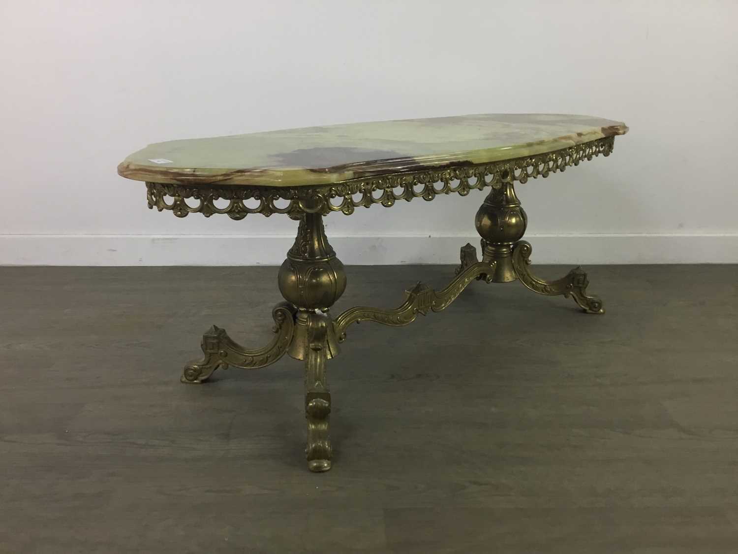 Lot 345 - A BRASS AN ONYX COFFEE TABLE