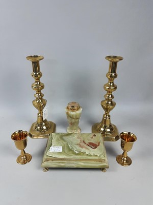 Lot 420 - A PAIR OF BRASS CANDLESTICKS AND OTHER OBJECTS