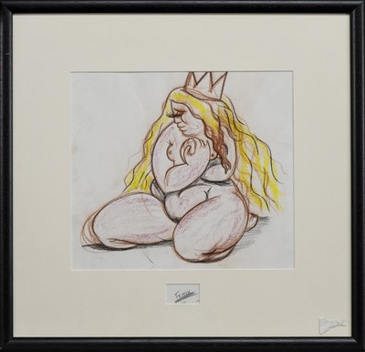 Lot 55 - SEATED QUEEN, A CRAYON DRAWING BY FRANK MCFADDEN