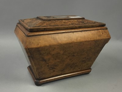 Lot 388 - A BURR SARCOPHAGUS TEA CADDY, ANOTHER CADDY AND A BOX
