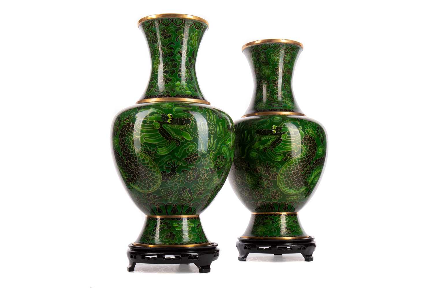 Lot 1056 - A PAIR OF CHINESE CLOISONNE ENAMEL DRAGON VASES