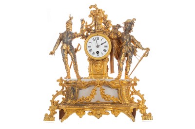 Lot 635 - A LATE 19TH CENTURY FRENCH GILT SPELTER AND ALABASTER MANTEL CLOCK