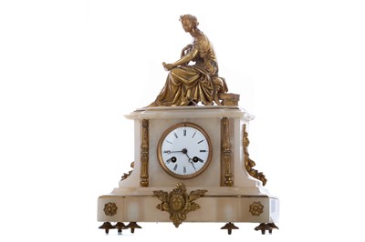 Lot 636 - A LATE 19TH CENTURY FRENCH GILT SPELTER AND ALABASTER MANTEL CLOCK