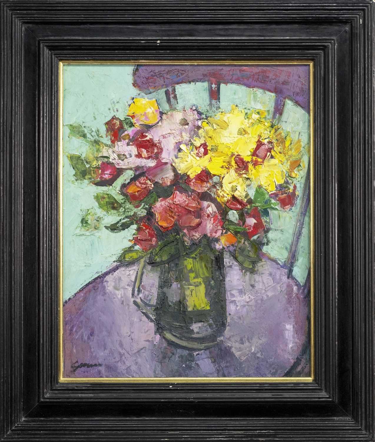 Lot 29 - FLOWERS ON A CHAIR, AN OIL BY DES GORMAN