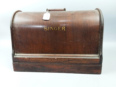 Lot 465 - A SINGER SEWING MACHINE, AN AVONMETER, POCKET ATLAS AND A CERAMIC DISH