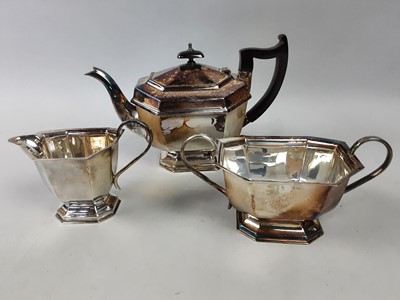 Lot 490 - TWO SILVER PLATED THREE-PIECE TEA SERVICE, ALONG WITH PLATED TEA AND COFFE POT