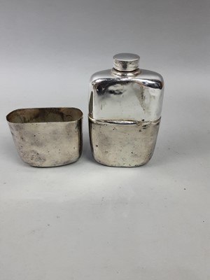 Lot 491 - A SILVER PLATED HIP FLASK, ALONG WITH OTHER ITEMS INCLUDING A PIPE AND VESTA