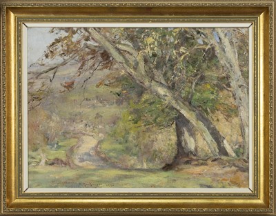 Lot 396 - WOODED LANDSCAPE, AN OIL BY HARRY MACGREGOR