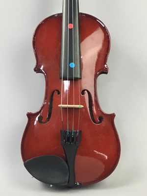 Lot 58 - A MODERN VIOLIN AND BOW ALONG WITH ANOTHER AND CHILDREN'S TELESCOPE