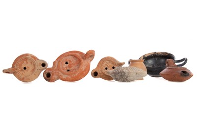 Lot 188 - FIVE ROMAN-TYPE OIL LAMPS, ALONG WITH OTHERS