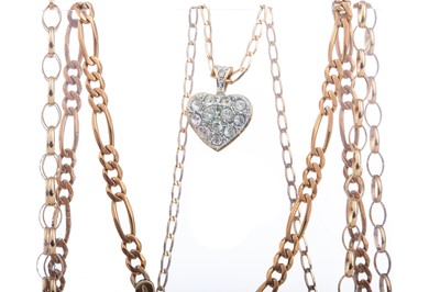 Lot 1264 - A HEART SHAPED PENDANT ON NINE CARAT GOLD CHAIN AND TWO OTHER GOLD CHAINS