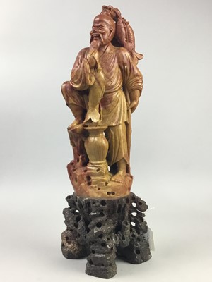 Lot 41 - A PAIR OF CHINESE SOAPSTONE CARVINGS OF FISHERMEN AND ANOTHER