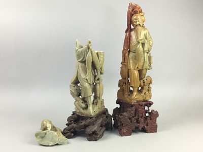 Lot 41 - A PAIR OF CHINESE SOAPSTONE CARVINGS OF FISHERMEN AND ANOTHER