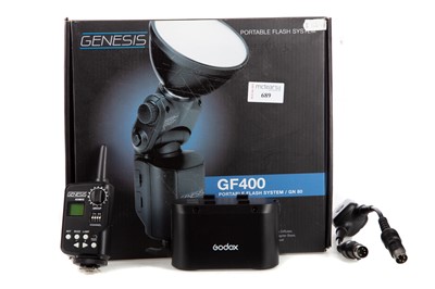 Lot 689 - A GENESIS PORTABLE FLASH SYSTEM GF 400 ALONG WITH A CAMERA FLASH POWER PACK