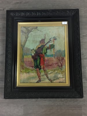 Lot 263 - A WANDERING MINSTREL, AN OIL BY CLARENCE ELDER