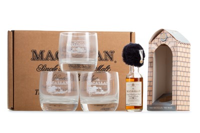 Lot 218 - MACALLAN 10 YEAR OLD MINIATURE AND A SET OF 6 BRANDED WHISKY TUMBLERS
