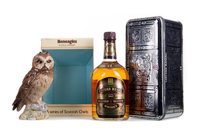 Lot 221 - BENEAGLES CERAMIC SHORT EARED OWL DECANTER 20CL AND CHIVAS REGAL 12 YEAR OLD 75CL