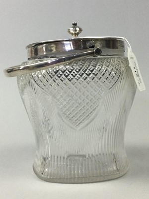 Lot 115 - A SILVER MOUNTED CRYSTAL BISCUIT BARREL ALONG WITH A BRASS MORTAR AND PESTLE