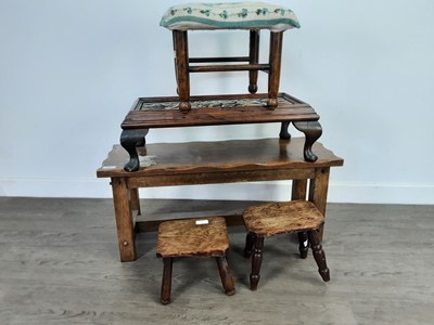 Lot 247 - A JOINTED OAK STOOL AND A GROUP OF OTHER STOOLS