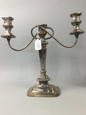 Lot 224 - A SILVER PLATED THREE BRANCH CANDLEABRUM AND OTHER ITEMS