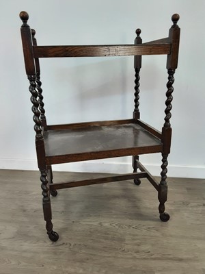 Lot 238 - AN OAK TEA TROLLEY, SMALL STOOL AND AN OCCASIONAL TABLE