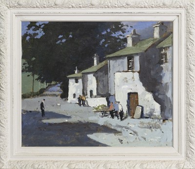 Lot 116 - FIGURES BY A COTTAGE, AN OIL BY WILLIAM NORMAN GAUNT