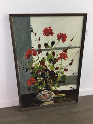 Lot 152 - STILL LIFE WITH RED FLOWERS, AN OIL BY WILLIAM NORMAN GAUNT