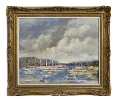 Lot 140 - MOORED SAIL BOATS, AN OIL BY WILLIAM NORMAN GAUNT