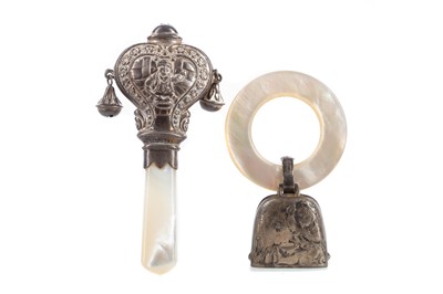 Lot 37 - A GEORGE V SILVER AND MOTHER OF PEARL RATTLE AND ANOTHER