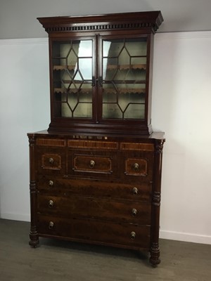 Lot 809 - A 19TH CENTURY MAHOGANY AND CROSSBANDED CHEST WITH ASSOCIATED BOOKCASE TOP