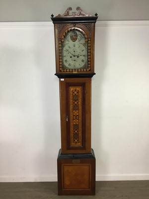 Lot 697 - A 19TH CENTURY EIGHT DAY OAK, INLAID AND PARQUETRY LONGCASE CLOCK