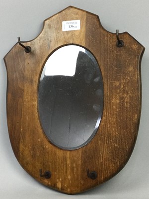 Lot 136 - AN OAK FRAMED HALL MIRROR,  BOOK SLIDE, TRAY AND OTHER ITEMS