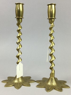 Lot 141 - A PAIR OF BRASS TWIST COLUMN CANDLESTICKS AND OTHER METAL WARE