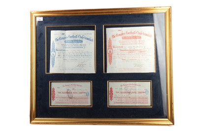 Lot 1496 - AN INTERESTING RANGERS FOOTBALL CLUB MOUNTED SHARE CERTIFICATE & CHEQUE DISPLAY