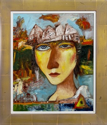 Lot 137 - THE NEWSPAPER HAT, AN OIL BY JOHN BELLANY
