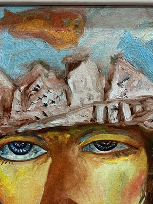 Lot 137 - THE NEWSPAPER HAT, AN OIL BY JOHN BELLANY