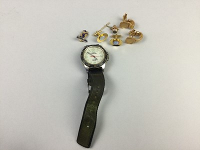 Lot 328 - A VICTORIAN SILVER POCKET WATCH, TIMEX WATCH, CUFFLINKS AND PINS